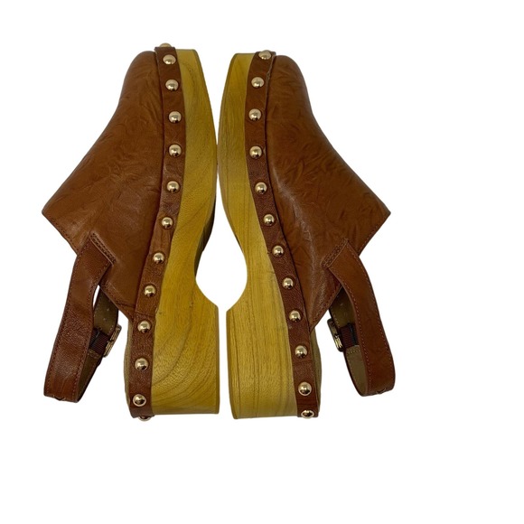 Kelsi Dagger Warehouse Peanut Tan Brown Leather Slingback Wooden Clogs Size 9 - Picture 4 of 6